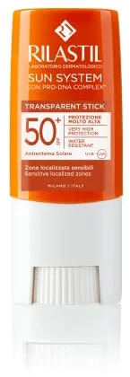 Rilastil - Sun System Stick SPF 50+, Protección Solar Alta UVB UVA Zonas Sensibles, con PRO-DNA Complex, Transparente Resistente Agua - 8,5 g