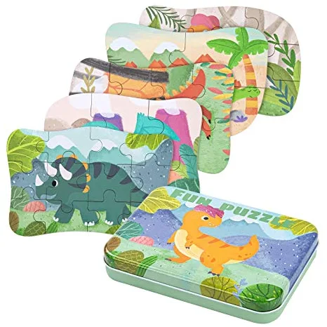 BBLIKE Puzzle Infantil de para niños Rompecabezas de Animales, puzle de 5 imágenes, Adecuado para niños y niñas a Partir de 3, 4 y 5 años (Dinosaurio)