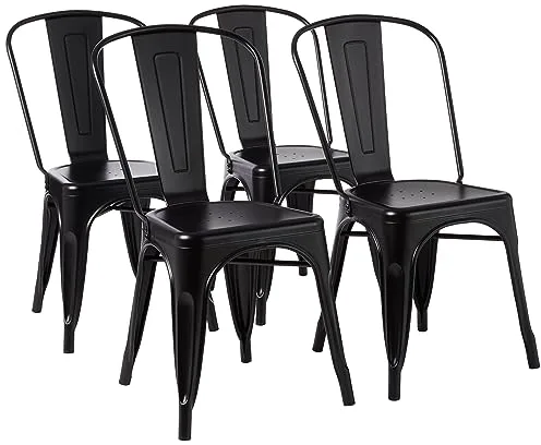 Amazon Basics Paquete de 4 sillas de comedor de metal apilables con respaldo para bistró, cocina, interior y exterior, Negro, 51 x 43 x 85 cm