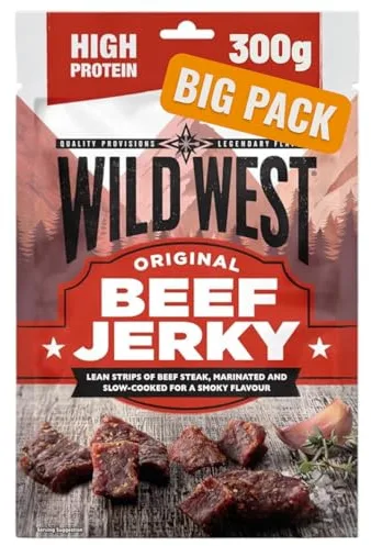 Wild West Beef Jerky, 300 g Original, carne seca altamente proteica, snack proteico Beef Jerky, cecina de vaca