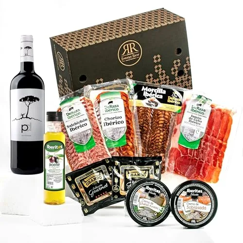 ENRIQUE RECH - Cesta Gourmet para Regalar – Lote Embutidos Ibericos - Cremas de Queso y Sobrasada – Picos Artesanos – Vino Tinto y Aceite Oliva Virgen Extra - Cesta Regalo