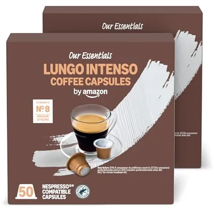 by Amazon Cápsulas de Café Lungo Intenso de Plástico Compatibles con Nespresso, Tostado Medio, 100 Unidades (2 Paquetes de 50), Certificadas por Rainforest Alliance