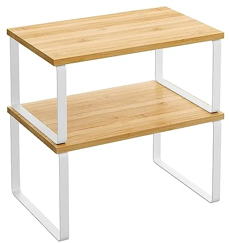 SONGMICS Estante para Especias, Juego de 2, Organizador de Armario, Estante de Almacenamiento de Cocina Extensible, Especiero de Metal y Madera de Ingeniería, Blanco Nube y Beige Natural KCS02NW