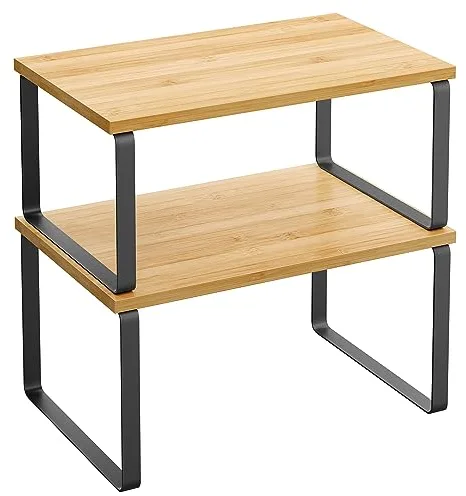 SONGMICS Estante para Especias, Juego de 2, Organizador de Armario, Estante de Almacenamiento de Cocina Extensible, Especiero de Metal y Madera de Ingeniería, Negro Tinta y Beige Natural KCS02NB