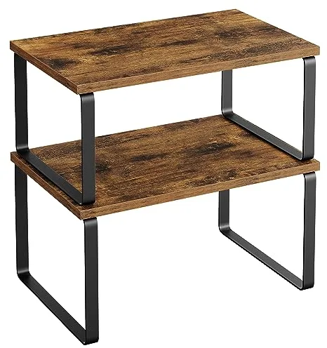 SONGMICS Estante para Especias, Juego de 2, Organizador de Armario, Estante de Almacenamiento de Cocina Extensible, Especiero de Metal y Madera de Ingeniería, Negro y Marrón Rústico KCS020X01