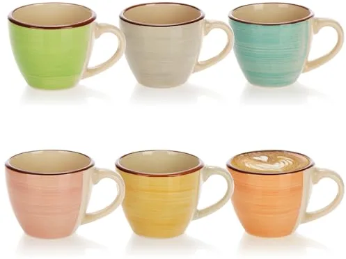 com-four® 6 tazas de cerámica para espresso de hasta 125 ml - tazas de moca de colores - tazas de café pequeñas hechas a mano para espresso, moca (06 piezas - verde/naranja/rosa/azul/amarillo/gris)