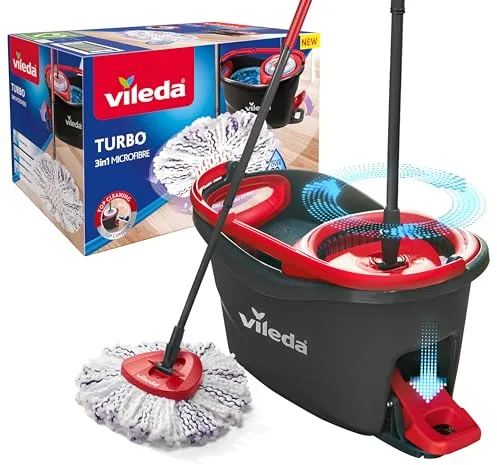 Vileda Turbo 3en1 Mopa de Suelo con escurridor Giratorio y Cubo con Pedal | Mango telescópico 85-123 cm | Cabezal de Microfibra | Sostenible | Love it Clean