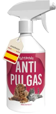 Petsly® Spray Antipulgas para Perros y Gatos -500ml- No Mancha - Antiparasitario Perros con Geraniol - Tratamiento Anti Pulgas, Garrapatas y Ácaros para el Hogar, Muebles y Textiles - Antipulgas Gatos