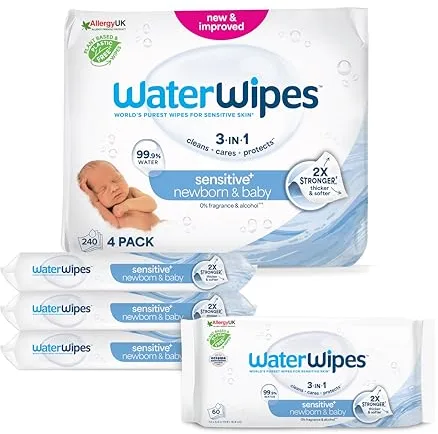 WaterWipes Sensitive+ Newborn & Baby Wipes, Toallitas Para Recién Nacidos y Bebés, 240 unidades (paquete de 4), 3 en 1 Limpia, Cuida, Protege, 99,9% Agua, Sin perfume