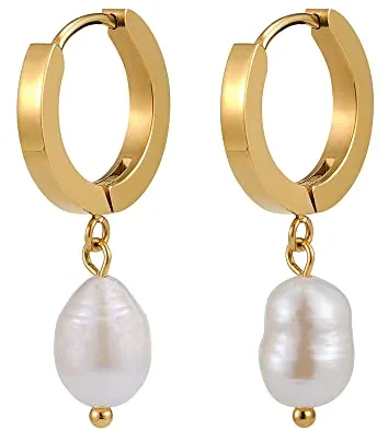 GD GOOD.designs Pendientes de Perlas Oro Colgantes con Perlas Genuinas de Agua Dulce - Impermeables - Creoles para Damas en Oro de 18 Quilates