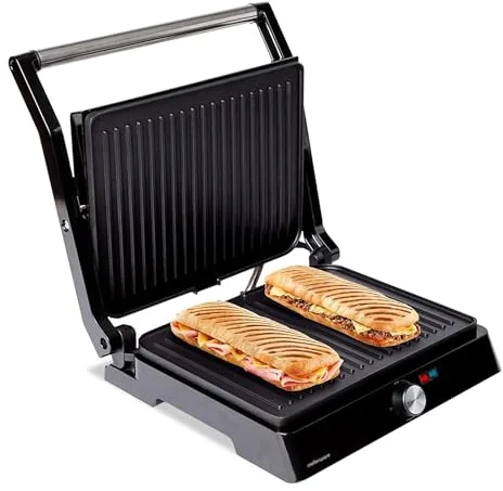 Mellerware -Parrilla Eléctrica Hotty!2200W, Revestimiento Antiadherente, Regulador Temperatura LED, Obertura 180º, Placas Adaptables, Superficie 29×46cm, Grill Acero Inoxidable, Libre PFOA,Multicolor