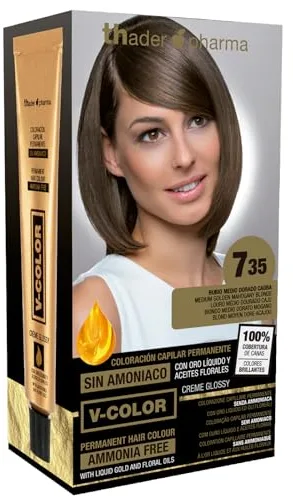 Thader Pharma V-Color Kit de Tinte permanente Sin Amoniaco con Oro Líquido 100% Cobertura de canas, 120 ml (No. 7.35 Rubio medio dorado caoba)