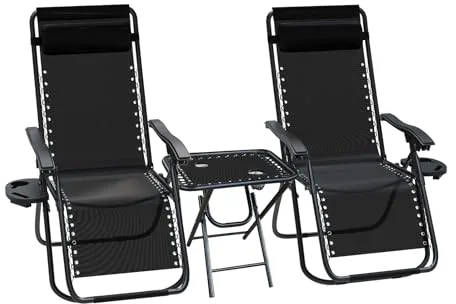 VOUNOT® Set de 2 Tumbona Jardín Exterior Plegable con Mesa Auxiliar Portavasos, Silla Reclinable con Reposacabeza Extraíble, Carga Máxima 120KG, Negro