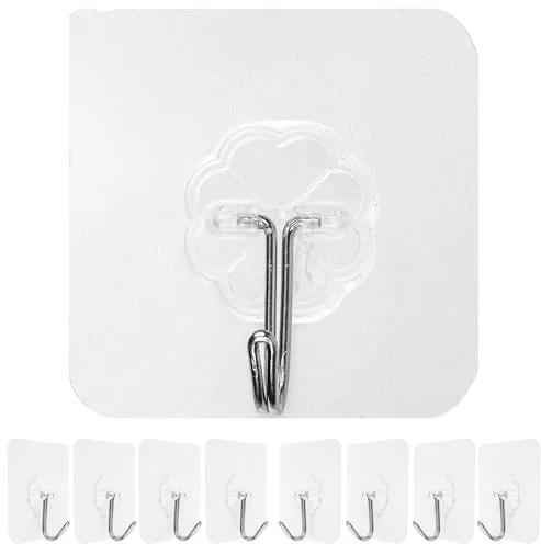 Ganchos Adhesivos, 8 piezas, 60 x 60 mm, en Transparente, Gancho multiusos para adherirse a puertas y paredes en baño, Cocina, Garaje, Toallero autoadhesivo, gancho pared, gancho autoadhesivo toalla