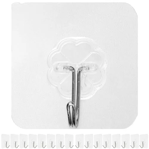 Ganchos Adhesivos, 16 piezas, 60 x 60 mm, en Transparente, Gancho multiusos para adherirse a puertas y paredes en baño, Cocina, Garaje, Toallero autoadhesivo, gancho pared, gancho autoadhesivo toalla