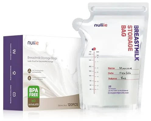 Nuliie 120 Uds Bolsas Almacenamiento de Leche Pre-esterilizadas, 250ml Bolsa Para Leche Materna con Boquilla Dispensadora, Libre de BPA, Bolsa Auto-Portante, Ahorro de Espacio