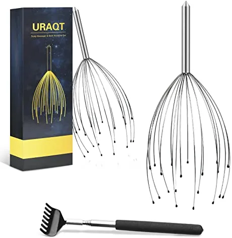 URAQT Kit de Masajeador de Cabeza y Espalda, 2+1 pack Masajeador de Cuero Cabelludo con Rascadores Telescópicos Espalda, Premium Araña de Masaje con 20 dedos para Aliviar el Estrés y Sentirse Relajado