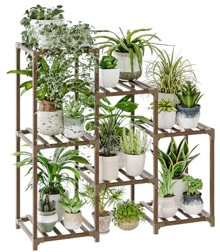 Bamworld Soportes para plantas de interior, estante escalonado de madera para plantas al aire libre para múltiples plantas,3 neumáticos,7 escalera, soporte para plantas,mesa para ventana,jardín,balcón