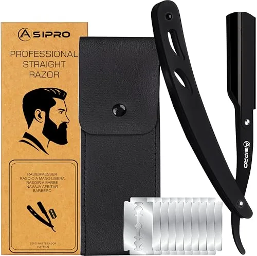 ASIPRO Navaja Afeitar Barbero Profesional con (20 Cuchillas Simples)10 Cuchillas de Doble Filo y Funda Protectora Kit/Set Afeitado Hombre Peluqueria Professional Clásica