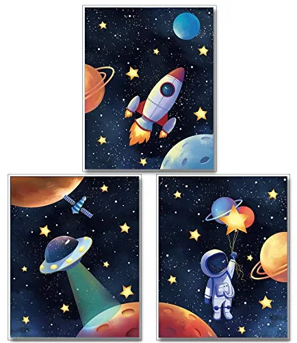 MWOOT Póster Lienzo Astronauta Espacial para Decoración la Pared la Sala de Juegos del Dormitorio los Niños 3Pcs, Cartel de la Pared del Cohete del Sistema Solar, Decoración la Habitación (Serie B)