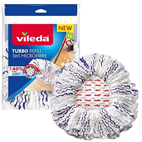 Vileda Turbo 3en1 Recambio, 1 Unidad, Compatible con Cualquier Sistema de fregona giratoria de Vileda, Apto para Cualquier Tipo de Suelos Duros, Elimina el 99% de Las bacterias* Solo con Agua