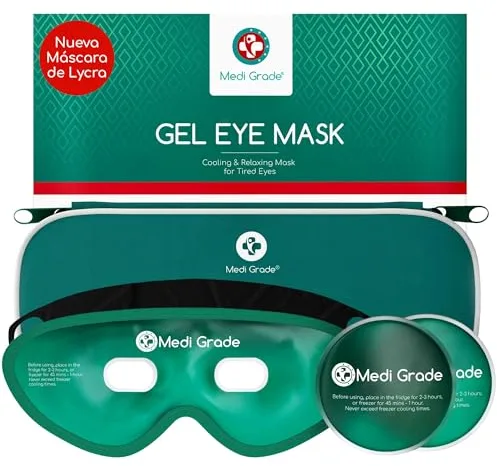 Medi Grade Antifaz de Gel Frío – Máscara de Gel para Ojos Reutilizable, 2 Parches de Ojos para Bolsas y Ojeras, 1 Tejido de Licra, 1 Neceser – Relájate en Casa con Nuestro Antifaz Relajante