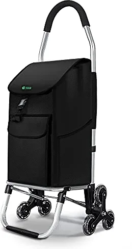 VOUNOT® Carrito Compra Plegable de Aluminio, Carro de la Compra 6 Ruedas con Bolsa Oxford Desmontable, 58L, Negro