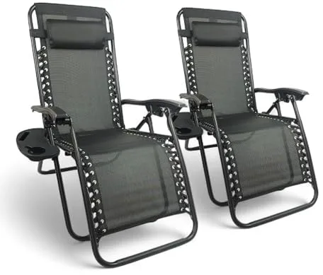 Pincho Tumbona Jardin Exterior Plegable de Gravedad Cero - Pack 2 Sillas Reclinables o Hamacas para Playa, Terraza y Camping con Portavasos, Ligeras y Cómodas (Negro)