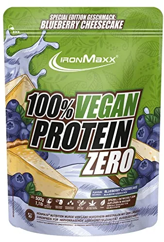 IronMaxx Proteína 100% Vegana Cero - cheesecake de arándanos de 500g | proteína vegana en polvo de 4 componentes y sin azúcar | proteína en polvo sin aspartamo