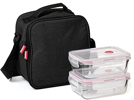 Tatay Bolsa Termica Porta Alimentos Impermeable - Urban Food Casual Glass 3,5L | 2 Tapers de Cristal 0,57L | Triple Capa Aislante | Cuerpo Semirrígido | Bolsillo Interior | 22x12x21,5cm, Negro