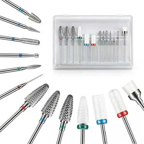 Depvko Juego de 13 brocas para uñas, 3 brocas de carburo de tungsteno + 3 brocas de cerámica para uñas + 6 brocas de diamante + 1 cepillo, brocas de uñas de 3/32 pulgadas para taladro de uñas