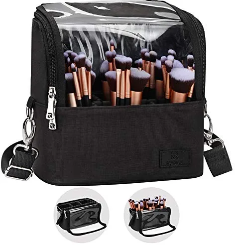 Bolsa para brochas de maquillaje, organizador multifuncional de brochas cosméticas y artículos de aseo con correa de transporte, impermeable para mujeres y niñas (Negro, Grande)