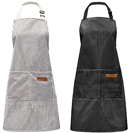Pinsheng 2 Piezas Delantales de Algodón por Rejilla a Rayas, Delantal Cocina con Bolsillo por Cocinar Jardinería Pintura, Delantales Ajustables para Cocina Restaurante Jardín(Negro, Gris)