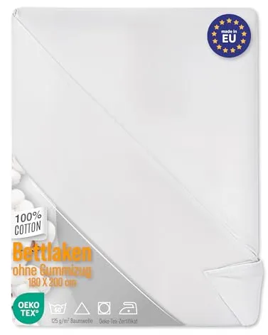 Sabanas encimeras Cama 180 Largo: 180x220 cm - Sabana encimera para Adultos y niños sábana Plana Hecho de algodón y Bed Sheets con certficado Oeko-Tex 180 x 220 cm Blanco