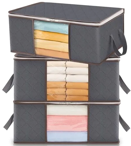 Lifewit Organizador Ropa, Cajas Almacenaje Ropa Plegable con Asa Reforzada, Bolsas para Guardar Ropa de Tejido Resistente y Ventana Transparente para Suéteres, Abrigos, Mantas, Gris, 35 L, 3 Piezas