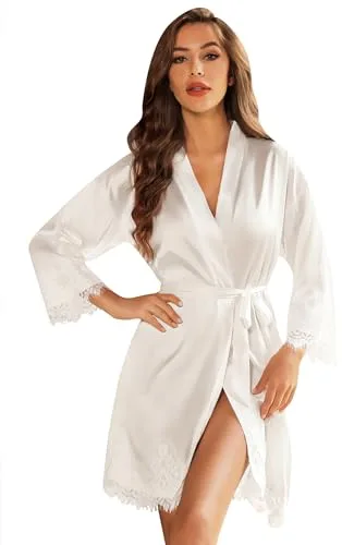 RSLOVE Albornoz de satén para mujer Bata de seda para novia/dama de honor Kimono con adornos de encaje Blanco Small
