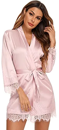 RSLOVE Albornoz de satén para mujer Bata de seda para novia/dama de honor Kimono con adornos de encaje Rosa X-Large