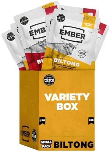 Ember Biltong de Ternera Variedad 250 g - Carne Seca Beef Jerky Rica en Proteinas - Baja en Grasa, Sin Azúcar Añadido, Keto, Sin Colorantes ni Aromas Artificiales - 10 Sobres Snack de 25 g
