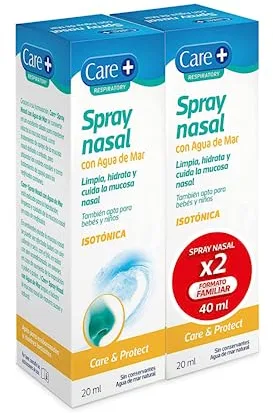 Care+, Spray Nasal con Agua de Mar, Hidratación y Limpieza Nasal, Con Dexpantenol, Alivia la Congestión y Sequedad, Apto para Bebés y Adultos, 20ml x 2 uds