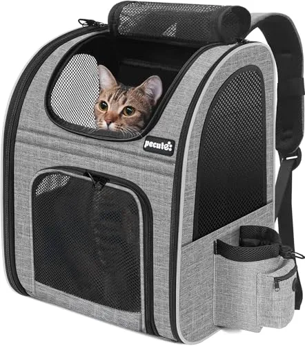 Pecute Transportin Mochila para Mascotas con Ventana de Malla, Bolsa portátil y Plegable para Gatos, Bolsa Transpirable y Ligera para Perros, Tela Oxford Impermeable con Gran Espacio Antideslizante