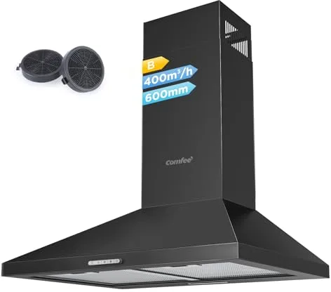 COMFEE' PYRA17B-60 Campana extractora 60 cm Campana extractora negra con LED, 400 m³/h, sistema de recirculación y canalización y filtros de carbón