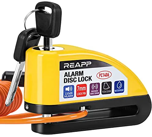 REAPP Candado Moto Disco con Alarma 110 DB, Antirrobo Moto Freno 7mm con Accesorios 1.5m Cable Recordatorio y Candado Bolsa, Pinza Moto Antirrobo para Motocicletas Bicicleta