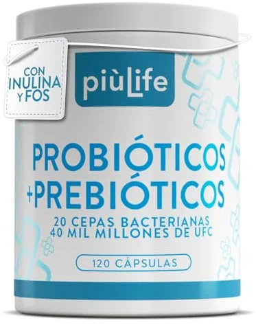 Probioticos Y Prebioticos Intestinales 120 Cápsulas PiùLife, 40 Mil Millones UFC Y 20 Cepas Por Dosis, Probioticos Intestinales Con Inulina Y FOS, Bienestar Intestino, Colon Gases E Hinchazon Adultos