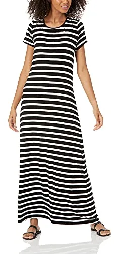 Amazon Essentials Vestido Largo de Manga Corta para Mujer, Rayas francesas Blancas y Negras, Talla M