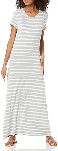 Amazon Essentials Vestido largo de manga corta para mujer, rayas francesas gris jaspeado, talla L