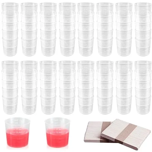 GZjiyu 80 Piezas Vaso Medidor, 30 ml Jarra Medidora Plastico con 80 Piezas Palos de Madera para Mezclar Pintura Epoxi Resina Laboratorio Cocina