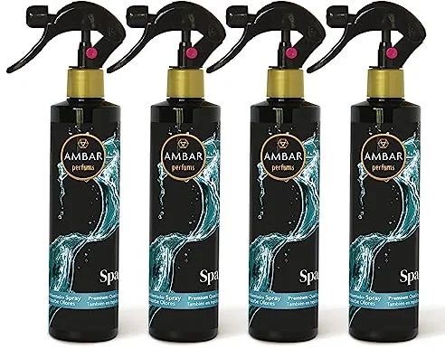 Ambar Perfums - Ambientador Spray Absorbe Olores Spa Especial Tejidos, ¡No mancha! Pack de 4 uds de 280 ml.