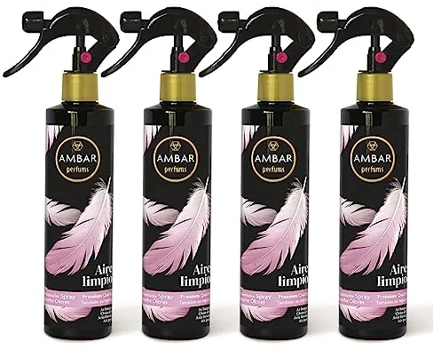 Ambar Perfums - Ambientador Spray Absorbe Olores Aire Limpio Especial Tejidos, ¡No mancha! Pack de 4 uds de 280 ml.