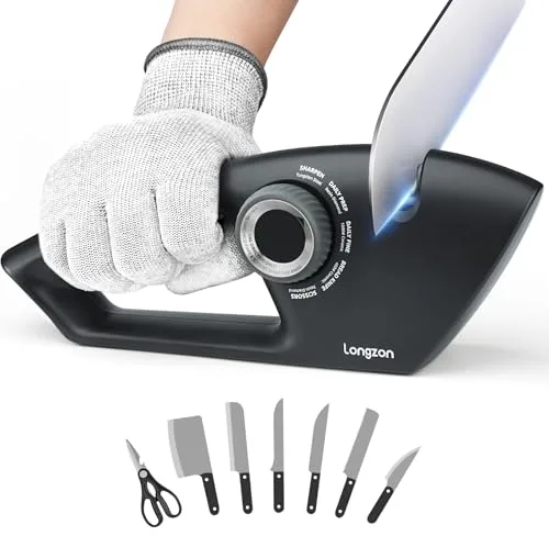 Longzon Afilador de Cuchillos Profesional 5 en 1 - Manual para Cocina, Knife Sharpener