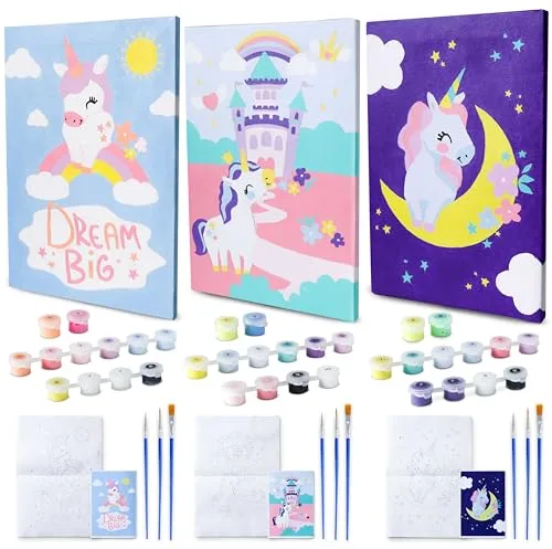 BONNYCO Pintar por Numeros Niños Unicornios, Pack 3 Lienzos. Unicornios para Niñas, Kit Manualidades Niños. Juguetes y Regalos Niñas, Cuadros para Pintar por Numeros. Set Paint by Numbers Creativo